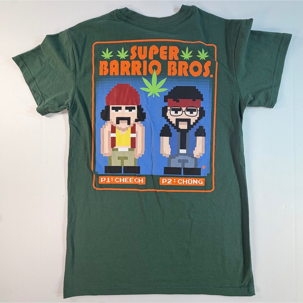 Cheech & Chong Super Barrio Bros Green Graphic T-Shirt Small 8-Bit Pixel Art Tee